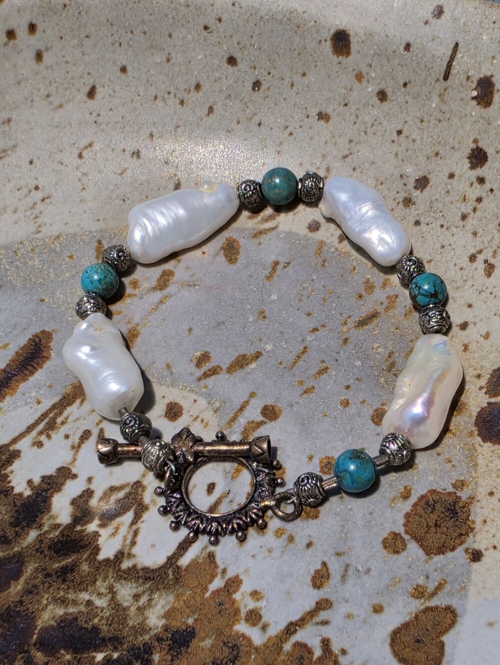 Hand Crafted Bracelet Green Stone & Baroque Pearl